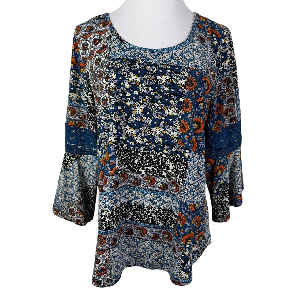 Stem & Vine 1X Boho Floral Patchwork Bell Sleeve Blouse Blue Orange Crochet Lace